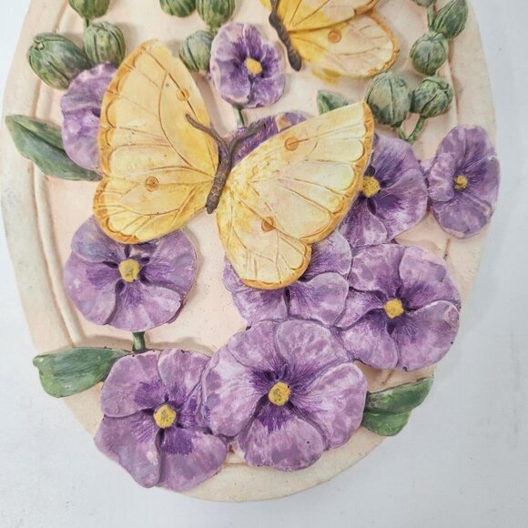Vintage Butterfly Flower Wall Plaque 3D Oval Chalkware Home Decor Purple Yellow - Picture 5 of 8